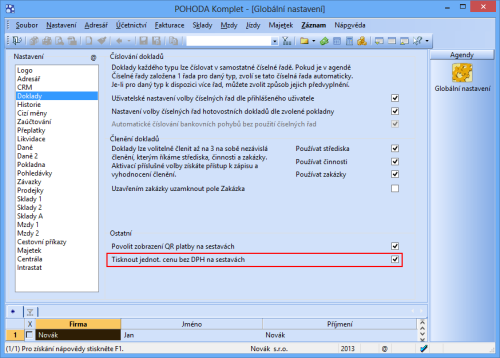 Pokud chcete z programu POHODA tisknout jednotkovou cenu bez daně, nezapomeňte zatrhnout tuto volbu v agendě Globální nastavení.