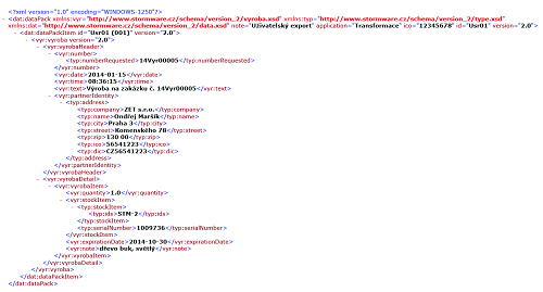 POHODA: XML schéma zobrazující přenos údajů Expirace a Poznámka.