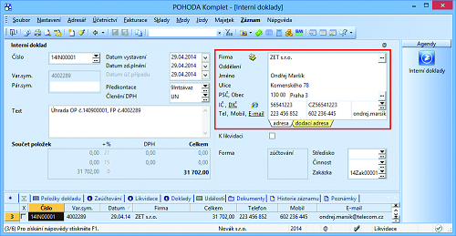 POHODA: Už i v agendě interních dokladů můžete vyplňovat dodací adresu.