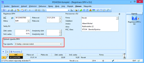 POHODA: Nové způsoby výpočtu DPH najdete v agendě Registrace DPH v EU.