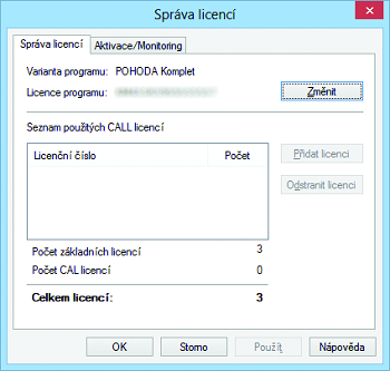 POHODA: Toto dialogové okno se vám zobrazí poté, co zvolíte povel Správa licencí… Nově slouží také pro změnu licenčního čísla.