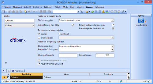 POHODA 10700: V této agendě si můžete nastavit internetové bankovnictví se Citibank.
