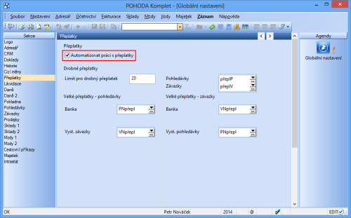 POHODA 10700: Chcete v daňové evidenci pracovat s přeplatky? Pak zatrhněte volbu Automatizovat 
práci s přeplatky. Najdete ji v globálním nastavení