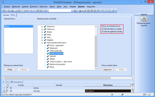 POHODA 10700: Zatrhněte si tyto dvě nové volby a budete mít možnost nastavit si přístupová práva na datovou a aplikační složku programu POHODA.