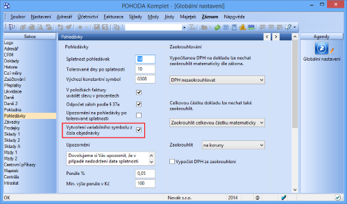 Nová volba v agendě Globální nastavení/Pohledávky je zde proto, aby se vám do pole
Var. Sym. načetlo číslo objednávky namísto čísla faktury.