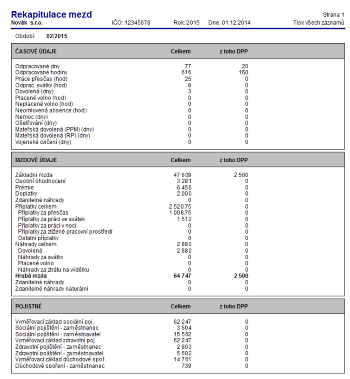 V programu POHODA je nově přidaná tisková sestava Rekapitulace mezd, kde najdete podrobně rozepsané složky hrubých mezd, údaje o pojistném, dani z příjmů a vyplacených částkách, a to souhrnně za všechny zaměstnance.