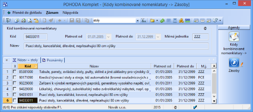 Kromě osmimístného kódu naleznete u každého zboží také platnost a měrnou jednotku.