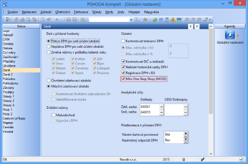 Pro nastavení režimu jednoho správního místa zatrhněte volbu Mini One Stop Shop (MOSS) v agendě Globální nastavení/Daně.