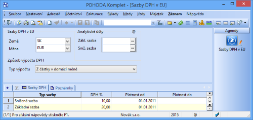 Na záložce Sazby DPH si přednastavíte platné sazby DPH ve vybraném státě EU, do kterého poskytujete své služby. Následně vyberete typ sazby (základní, snížená, snížená 2)a uvedete konkrétní výši DPH.