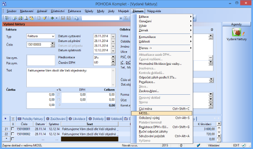 Pro vystavení dokladu v režimu MOSS zvolte povel Záznam/MOSS... Poté se vám zobrazí dialogové okno, kde vyberete příslušný stát spotřeby.