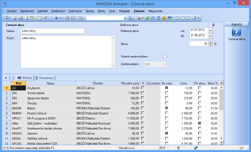 Díky nové agendě Cenové akce můžete u zásob definovat libovolné množství prodejních akcí.  