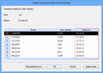 V dialogovém okně Výběr evidenčního čísla zásoby nově najdete sloupec Expirace.