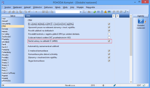 Se zatrženou volbou Načíst adresy na základě IČ (ARES) se automaticky po zadání IČ v agendě Adresář načtou údaje firmy. 