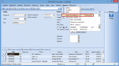Zásilku je možné exportovat prostřednictvím povelu Záznam\Export pro dopravce\Česká pošta.