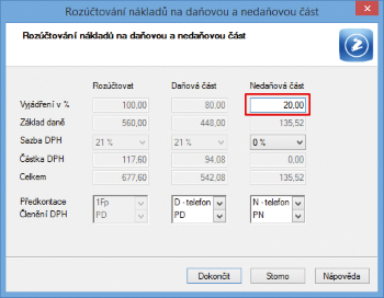 Pokud potřebujete rozpočítat výdaje na daňovou a nedaňovou část, stačí do dialogového okna zadat procento nedaňové části.