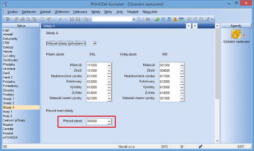 Pro proúčtování rozděleného pohybu zásob se použije přednastavený účet v poli Převod zásob.