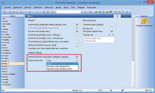Nově si můžete vybrat, podle čeho se mají automaticky rozpočítávat vedlejší náklady na pořízení zásob vkládané do příjemky.