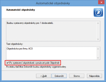 Používáte volbu Automatické objednávky? Pak můžete nastavit, aby se po jejich vystavení vynulovalo pole Objednat u všech objednávaných zásob.