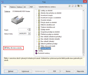 Volba Štítky dle stavu zásoby umožňuje vytisknout pro každou zásobu počet štítků, který odpovídá stavu této zásoby.