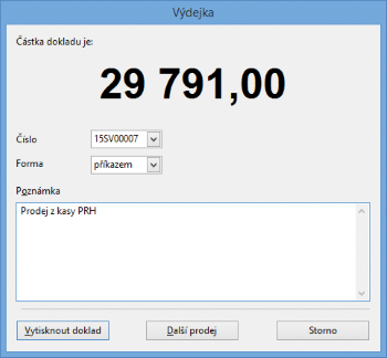 V dialogovém okně Výdejka je možné zvolit formu úhrady i napsat poznámku k výdejce.