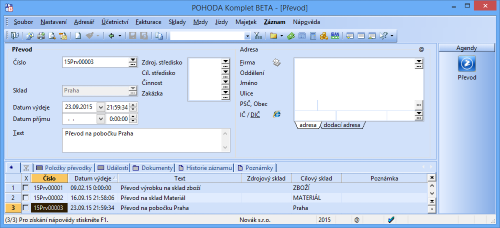 V agendě Převodky můžete pro výdej i příjem zásob nastavit různá data.