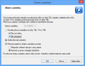 Zatržením volby Dle středisek rozdělíte konečné stavy účtů při účetní uzávěrce na použitá střediska.