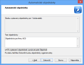 Používáte volbu Automatické objednávky? Pak můžete nastavit, aby se po jejich vystavení vynulovalo pole Objednat u všech objednávaných zásob.