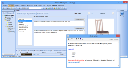 Pomocí dialogového okna HTML Editor můžete doplnit obecný popis zásoby o hypertextový odkaz.