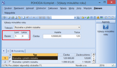 Pro tiskopisy rozvah zadejte v agendě Účetnictví/Počáteční stavy/Výkazy minulého období nový řádek platný pro zřizovací výdaje pro rok 2016.  