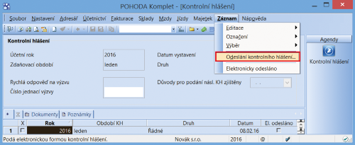 Pomocí povelu Záznam/Odeslání kontrolního hlášení… bude možné podat kontrolní hlášení na Daňový portál Finanční správy.