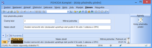 Pro režim Přenesení daňové povinnosti se nově zavádí kód 3, který najdete i v programu POHODA.