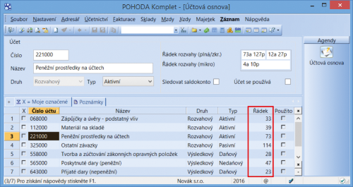 U jednotlivých účtů účtové osnovy najdete i aktualizovaná čísla řádků pro vstup do výkazů.