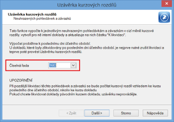V průvodci Uzávěrka kurzových rozdílů si prostřednictvím nového pole zvolíte číselnou řadu pro agendu Interní doklady.