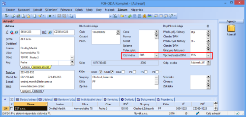 Nastavte si předem ke každé firmě v adresáři Cizí měnu i Výchozí sazbu DPH – do dokladu se pak přenesou automaticky.