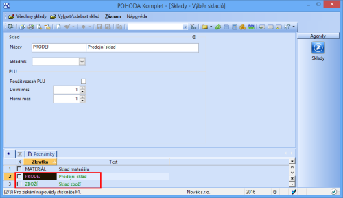 Nově si máte možnost vybrat pro práci v programu libovolný počet skladů. Ty vybrané se zvýrazní zeleně.