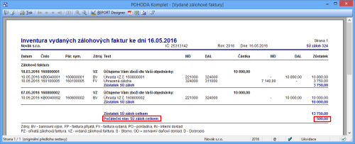 Na této tiskové sestavě nově najdete výši počátečního stavu syntetického účtu přijatých záloh 324.