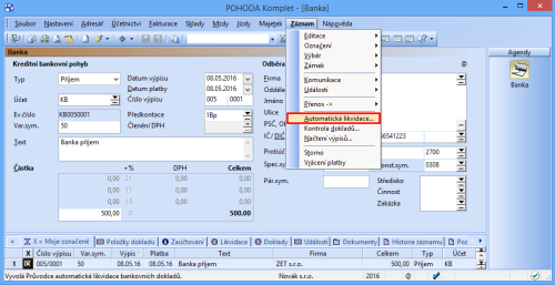 Spoustu času i práce vám ulehčí nová funkce pro automatickou likvidaci bankovních dokladů.