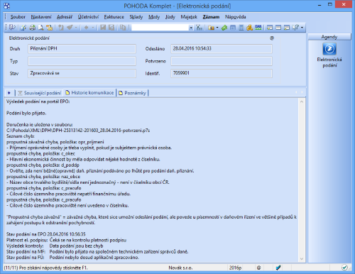 Nová záložka Historie komunikace vám umožní i zpětně sledovat vybraná elektronická podání.