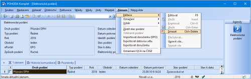 Do agendy Elektronická podání jsme přidali povel Smazat, který najdete v nabídce Záznam/Editace.