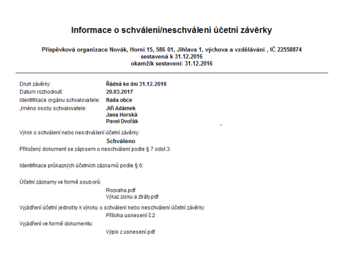 Na tiskové sestavě Informace o schválení/neschválení účetní závěrky se zobrazí například jména schvalovatelů a jejich výrok.