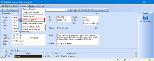 POHODA mServer spustíte přímo z programu POHODA z agendy Účetní jednotky/Databáze/POHODA mServer.