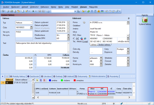 Další údaje, které máte možnost v rámci historie změn sledovat, jsou v polích Ulice a DIČ.