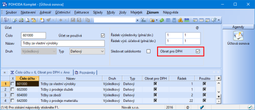 Volbu Obrat pro DPH si u vybraných účtů poprvé nastavte ručně, po provedení datové uzávěrky si už toto nastavení bude POHODA pamatovat.