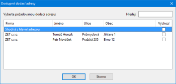 Pokud vkládáte do dokladu dodací adresu, nemusíte už mít žádnou označenou jako výchozí. Stačí adresu vybrat v dialogovém okně Dostupné dodací adresy.