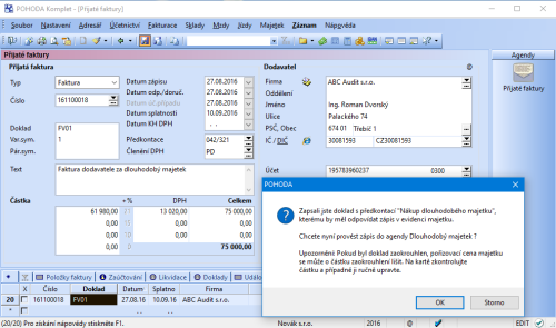 Pokud bude faktura splňovat požadované náležitosti, zobrazí se dialogové okno, po jehož potvrzení se automaticky vytvoří karta majetku.