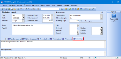 Na záložce Poznámky se zobrazí informace o zdrojovém dokladu.