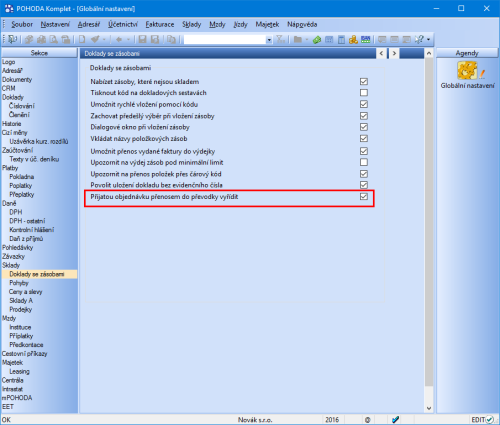 Pokud chcete vyřídit přijatou objednávku během přenosu do převodky, zatrhněte v agendě Globální nastavení volbu zvýrazněnou na obrázku.