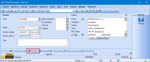 Díky nové záložce Doklady získáte přehled o tom, ze kterých dokladů byla převodka vystavena.