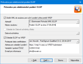 Na třetí straně průvodce elektronickým podáním zvolte, zda chcete výkaz uložit ve formátu XML, nebo jestli ho chcete rovnou odeslat.