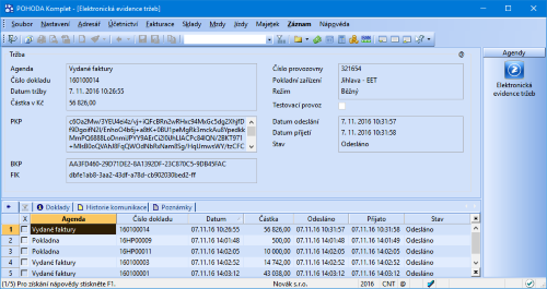 V nově přidané agendě najdete veškeré údaje o dokladech, které byly nebo mají být odeslané na server EET
